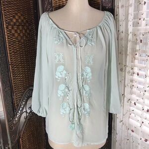 Light Mint Embroidered Peasant Blouse with Tie Neck